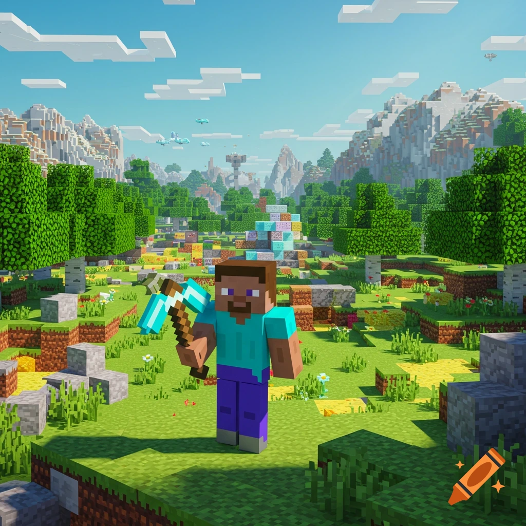 Steve from Minecraft holding a pickaxe in a vibrant, blocky landscape under a blue sky.