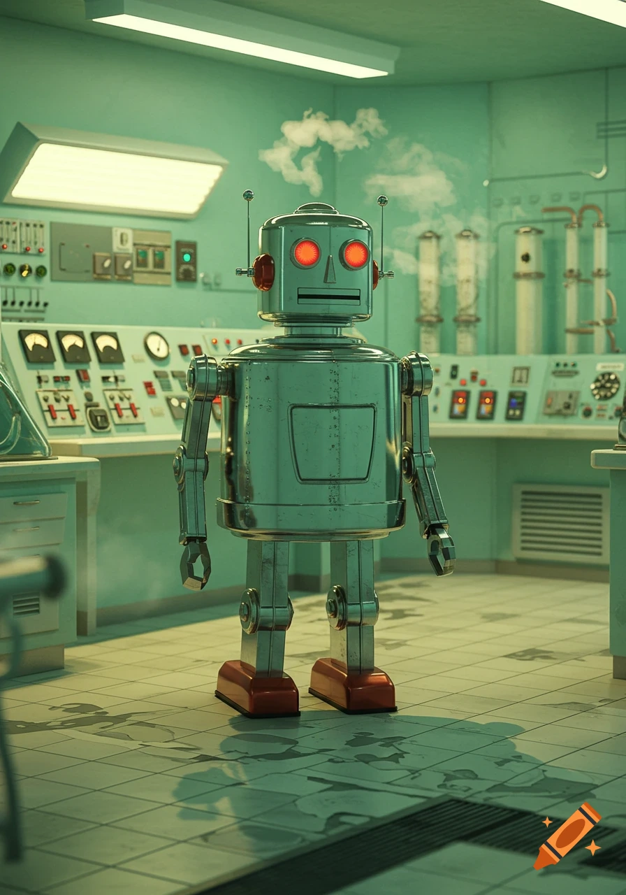A shiny silver retro robot with glowing red eyes stands in a teal 1950s-style sci-fi laboratory.