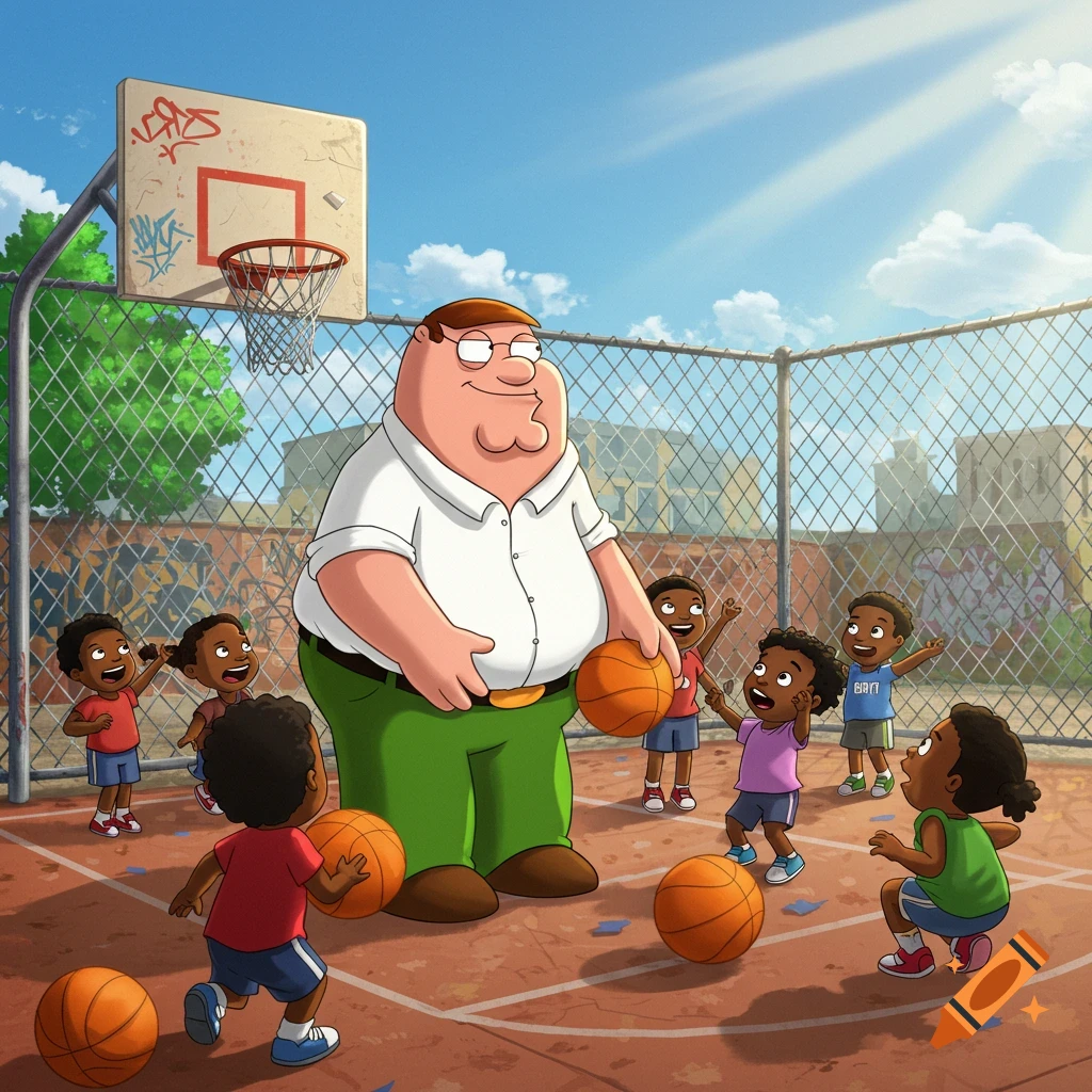 Peter Griffin plays basketball with smiling Black children on a sunny outdoor court in a vibrant cartoon style.