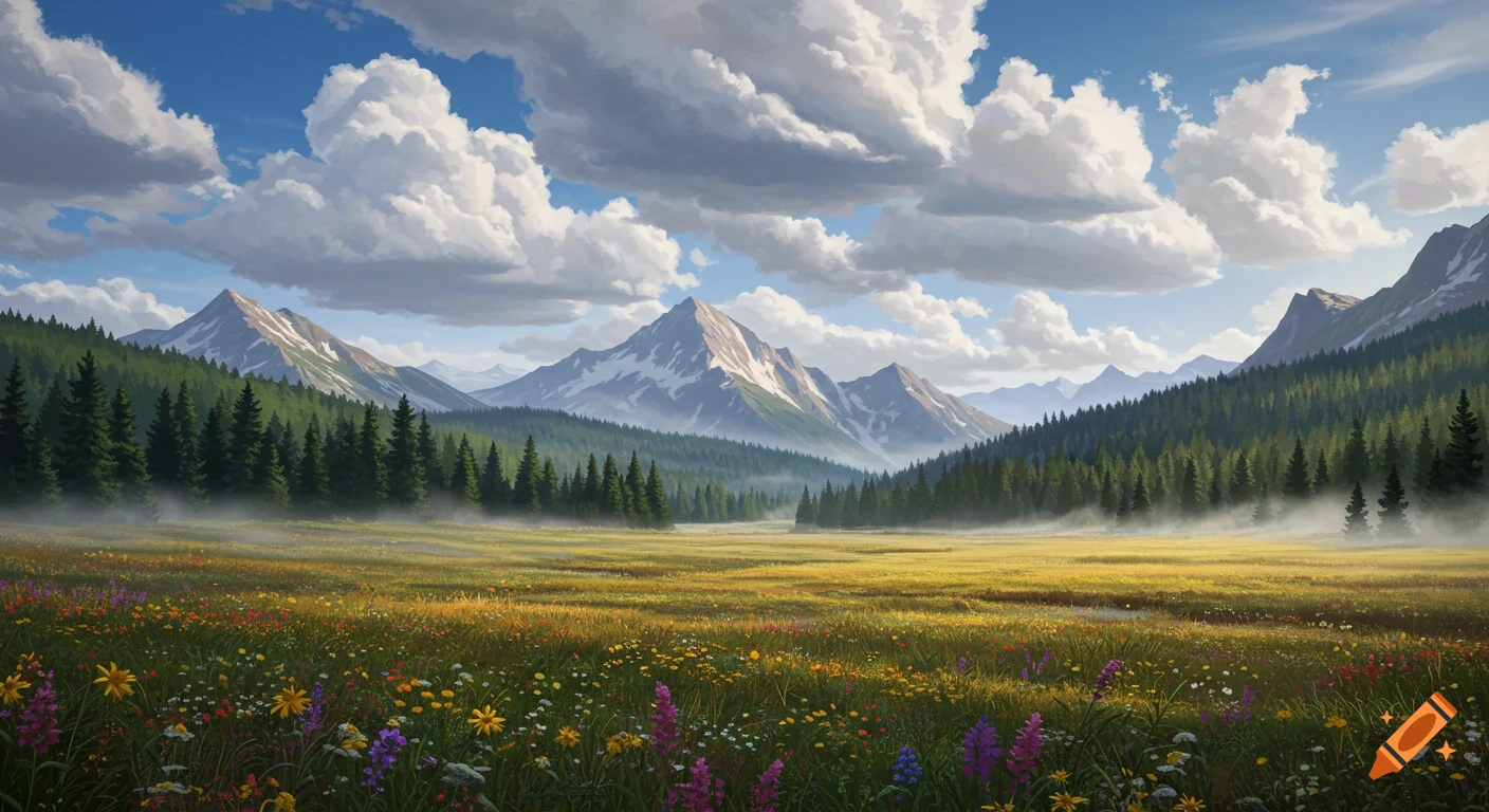 A serene painting of a vast alpine valley with snow-capped mountains, dense pine forests, and a colorful wildflower meadow under a cloudy blue sky.