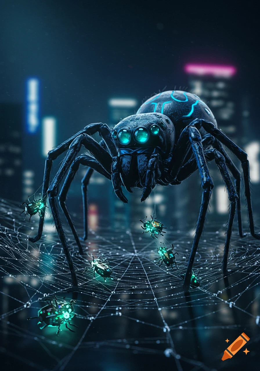 A dark cybernetic spider with glowing blue eyes on a web, catching neon green bugs with a blurry futuristic city in the background.