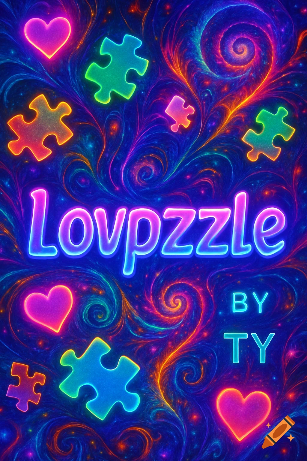 Vibrant psychedelic background with glowing neon 'Lovpzzle' title, hearts, and puzzle pieces amidst swirling fractal patterns.