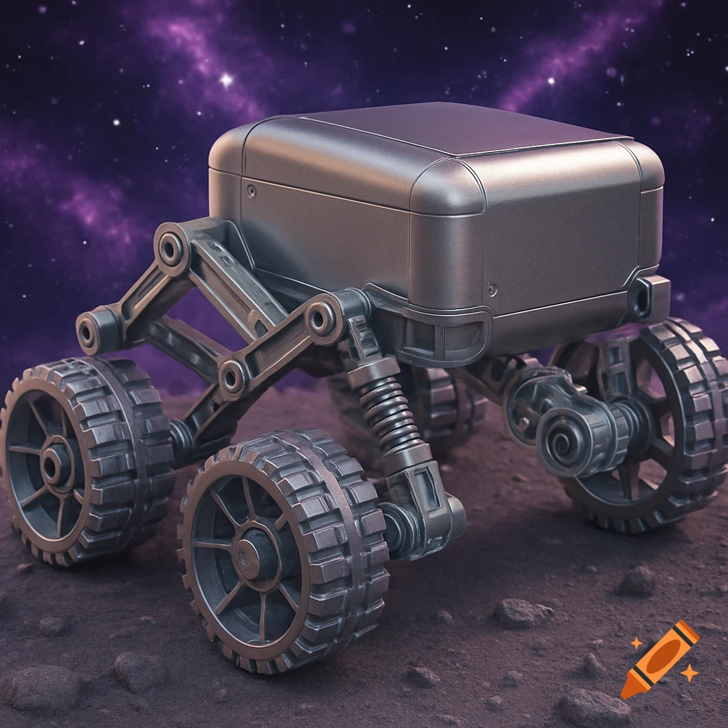 A detailed, silver space rover with a complex suspension system on a rocky planet under a purple starry sky.