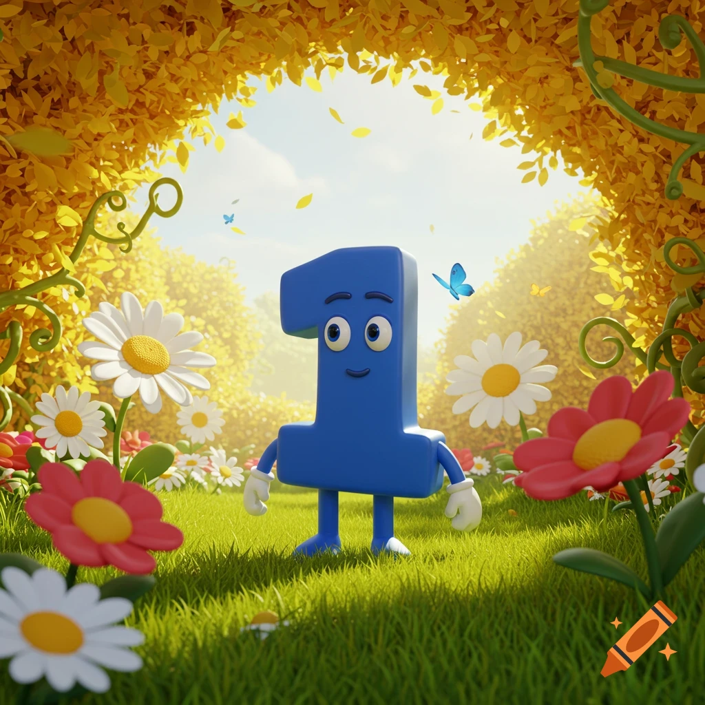 A blue, cartoonish number '1' character with a happy face, arms, and legs stands in a sunny, vibrant field of colorful flowers and green grass, surrounded by yellow leaves.