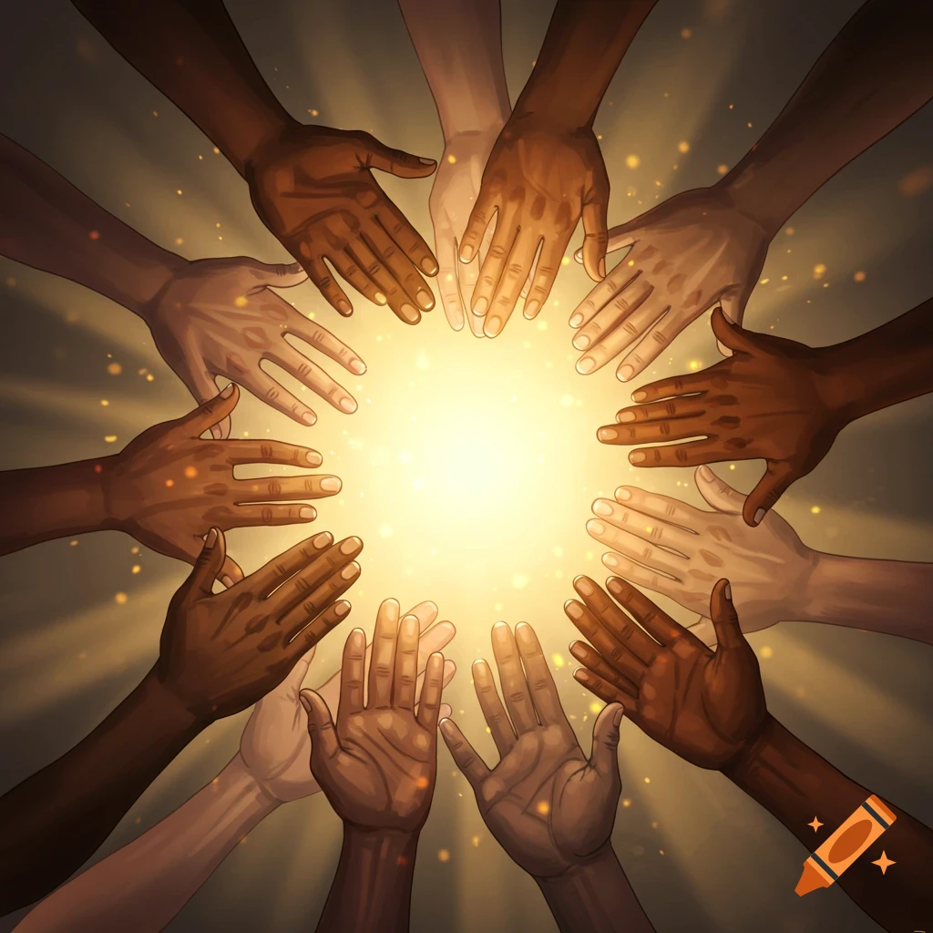Illustrative image of diverse hands in a circle, reaching towards a central bright light.