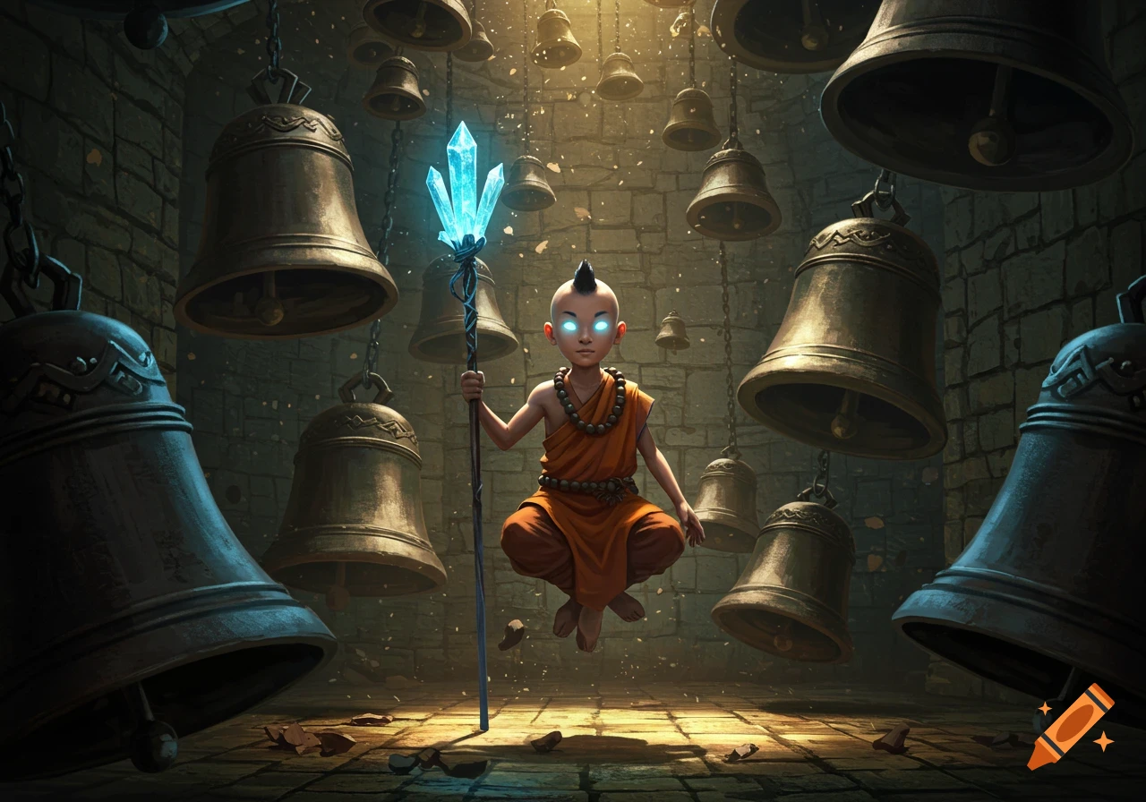 A young monk with glowing blue eyes and a mohawk floats, holding a glowing blue crystal staff, surrounded by many hanging brass bells in a dim stone room.