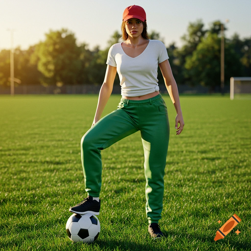 Photorealistic image of a sporty woman in green pants, white t-shirt, and red cap, standing with her foot on a soccer ball on a grass field.