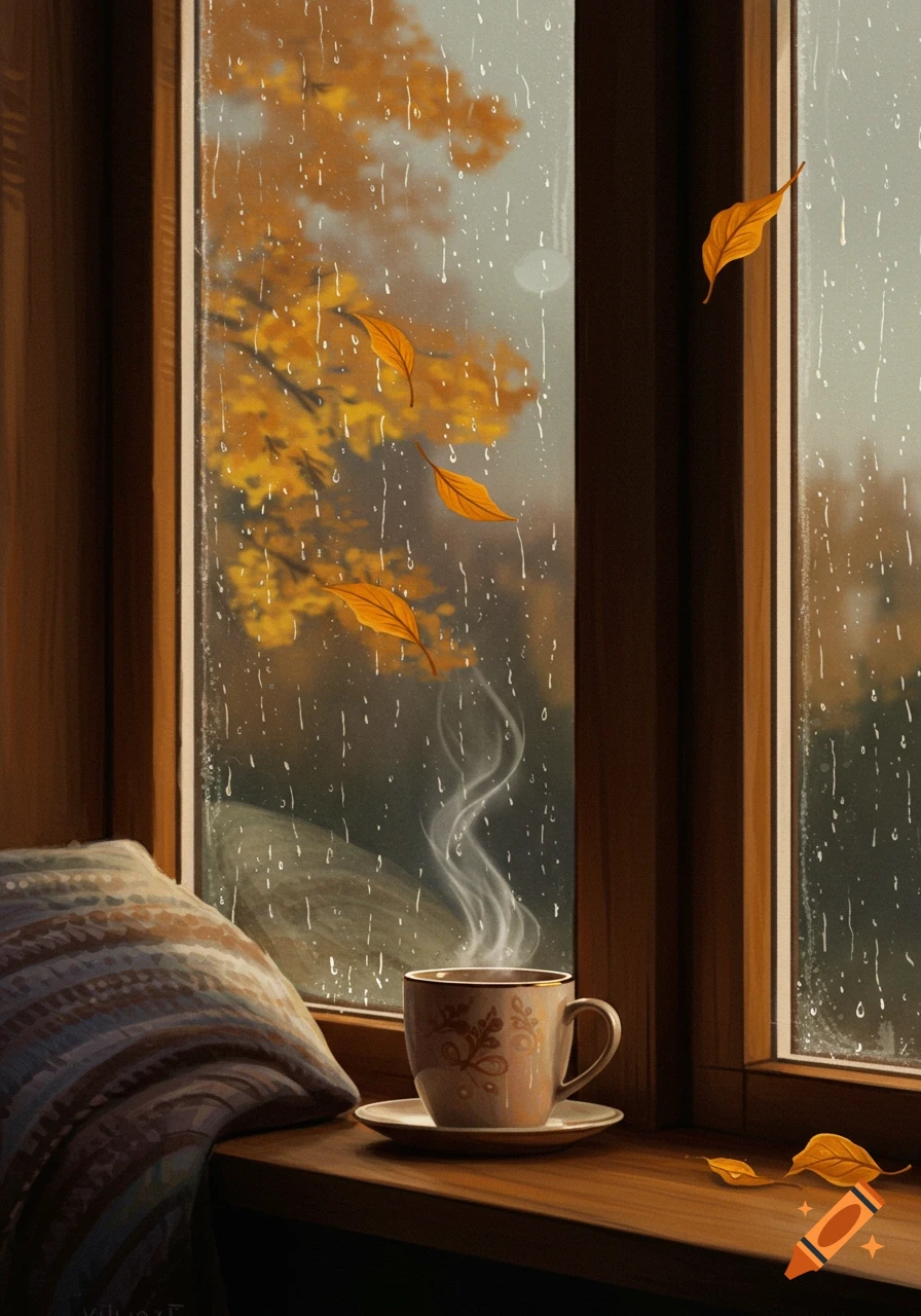 A cozy window view on a rainy autumn day, with golden leaves falling, a steaming cup, and a striped pillow.