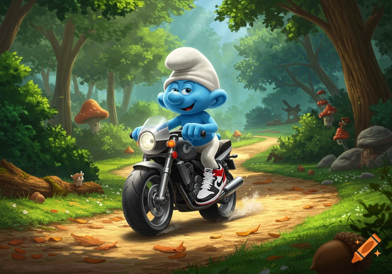 A smiling blue Smurf wearing a white hat and Nike sneakers rides a black motorcycle on a dirt path in a vibrant forest.