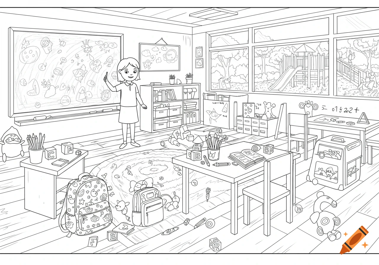 Black and white line art of a kindergarten classroom with a teacher, schoolbags, books, and pencils, looking out to a playground.