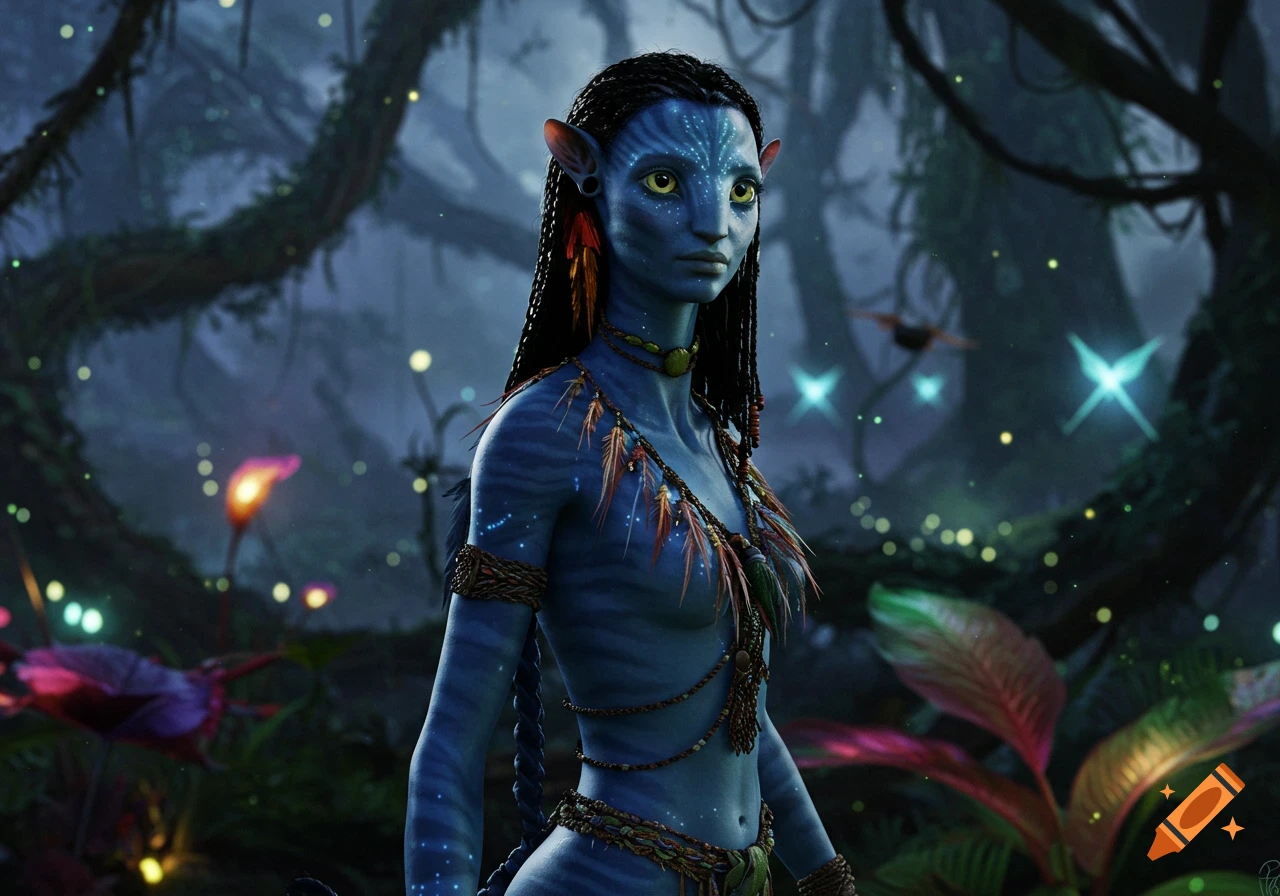 A blue-skinned Na'vi woman with braided hair and tribal attire stands in a bioluminescent jungle.