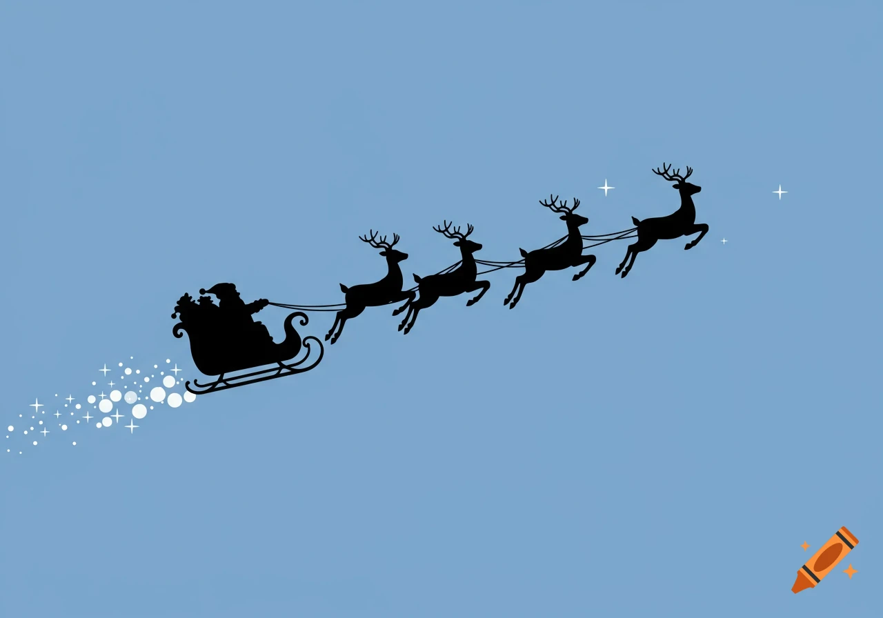 Silhouette of Santa in a sleigh pulled by four reindeer flying across a light blue sky, leaving a trail of white sparkles.