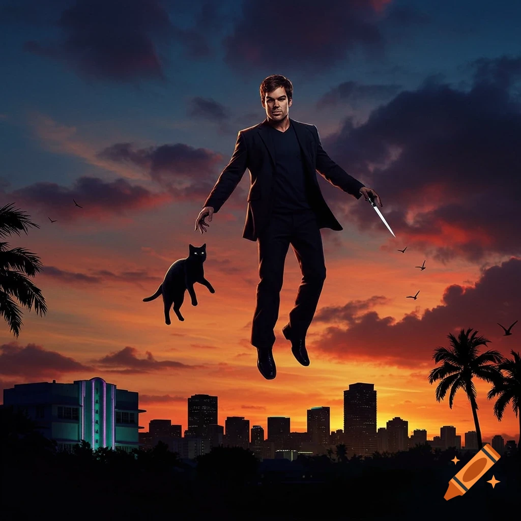 Dexter Morgan in a suit, holding a knife, flies alongside a black cat over a city skyline at sunset.