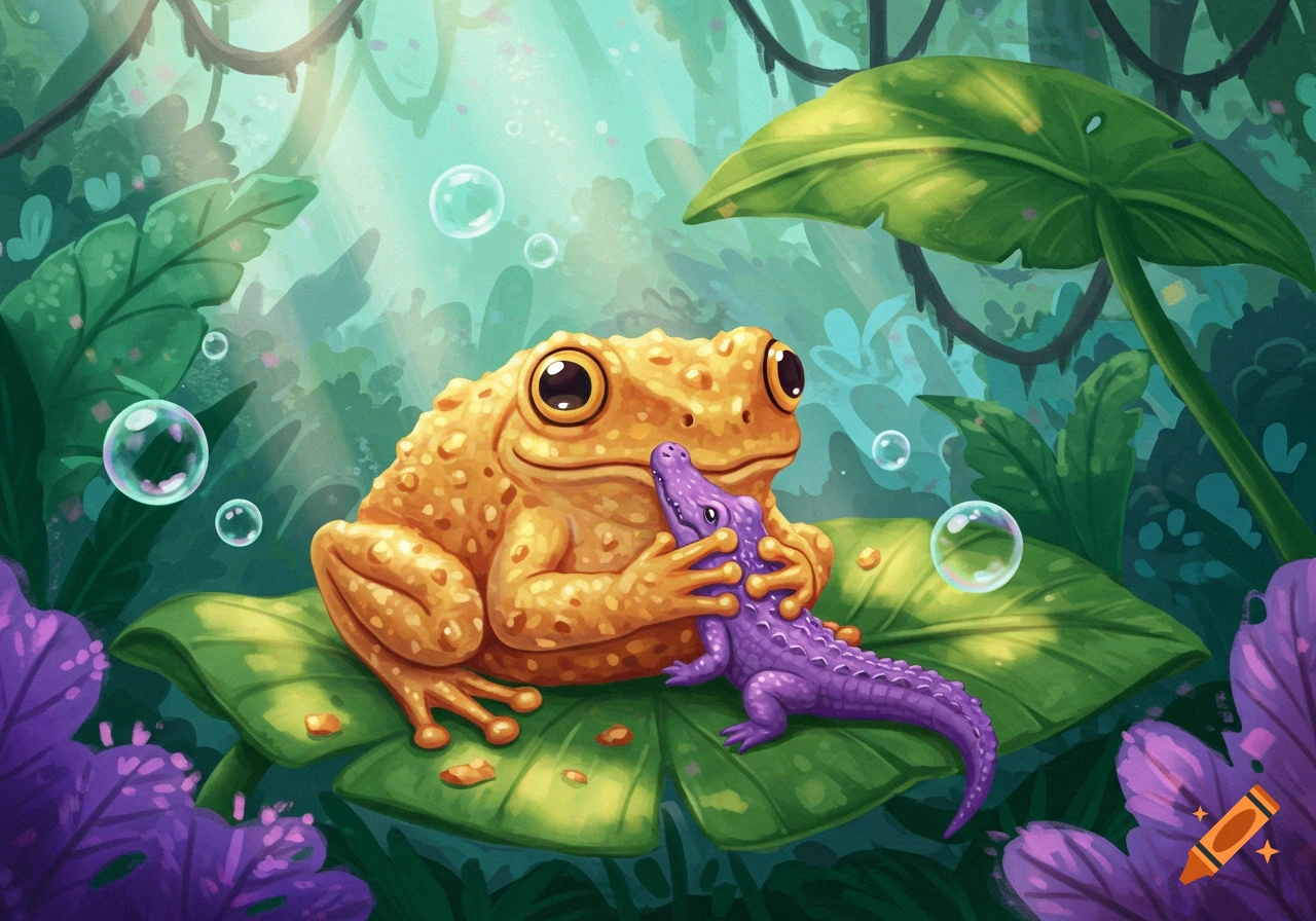 Vibrant cartoon illustration of an orange frog holding a small purple alligator in a lush jungle with bubbles.