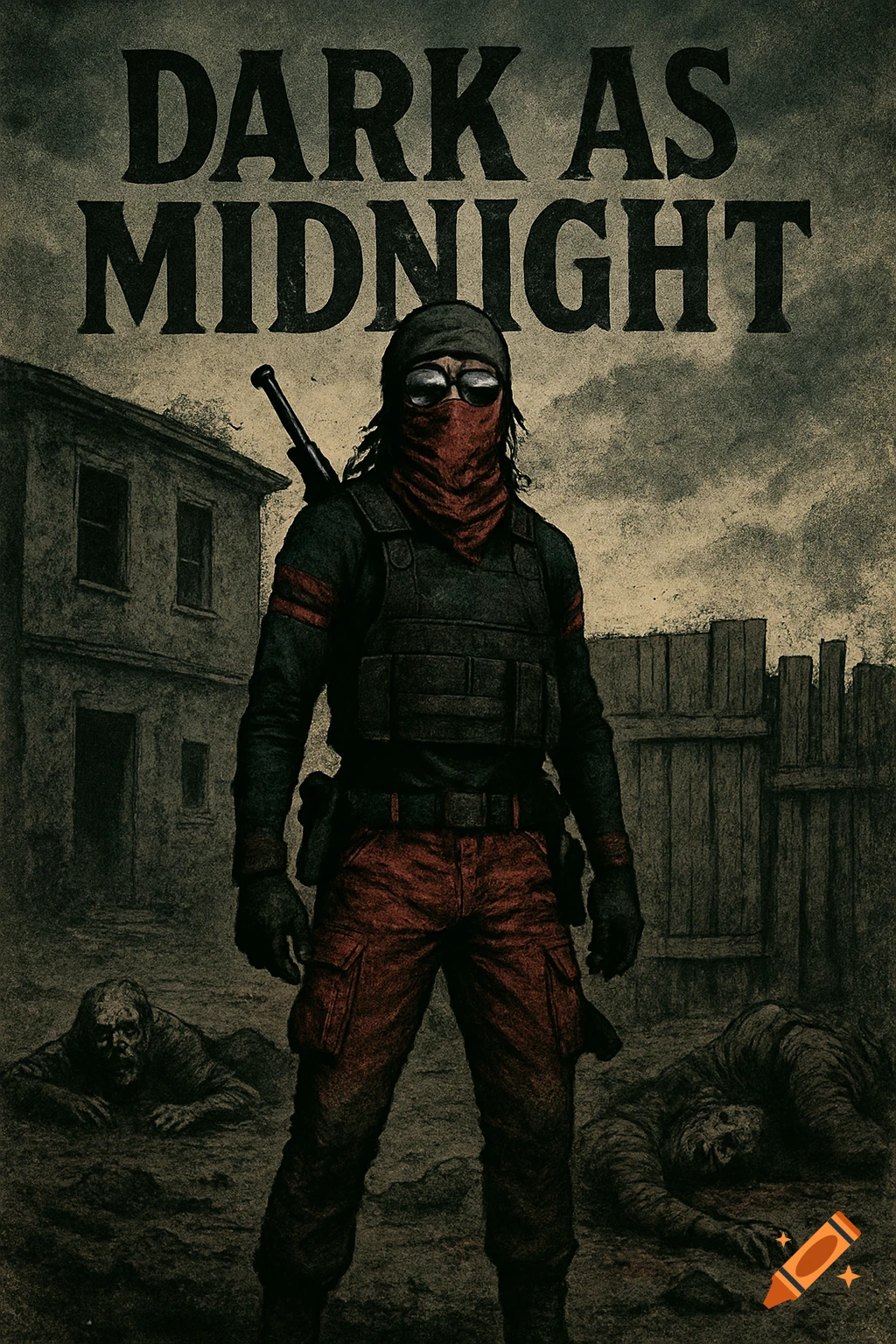Gritty post-apocalyptic illustration of a survivor in tactical gear over dead zombies, text 'DARK AS MIDNIGHT' at top.