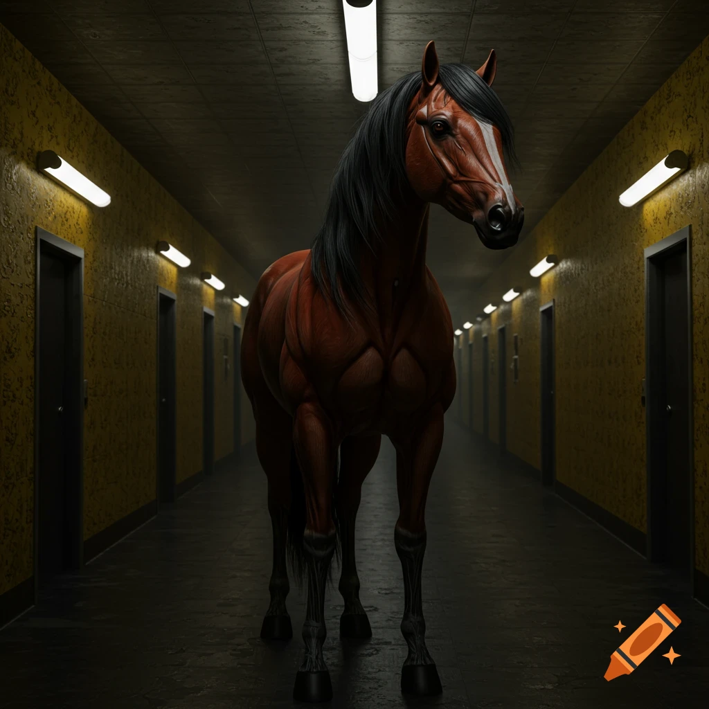 A hyperrealistic brown horse with a white blaze stands in a long, dimly lit yellow hallway with multiple dark doors and fluorescent lights.