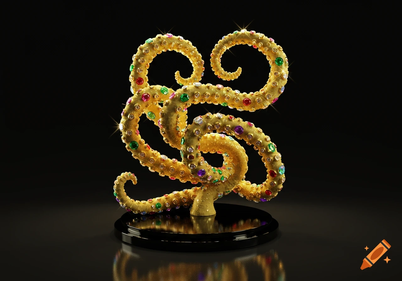 A shiny golden tentacle statue adorned with colorful sparkling gemstones, displayed on a black reflective pedestal.