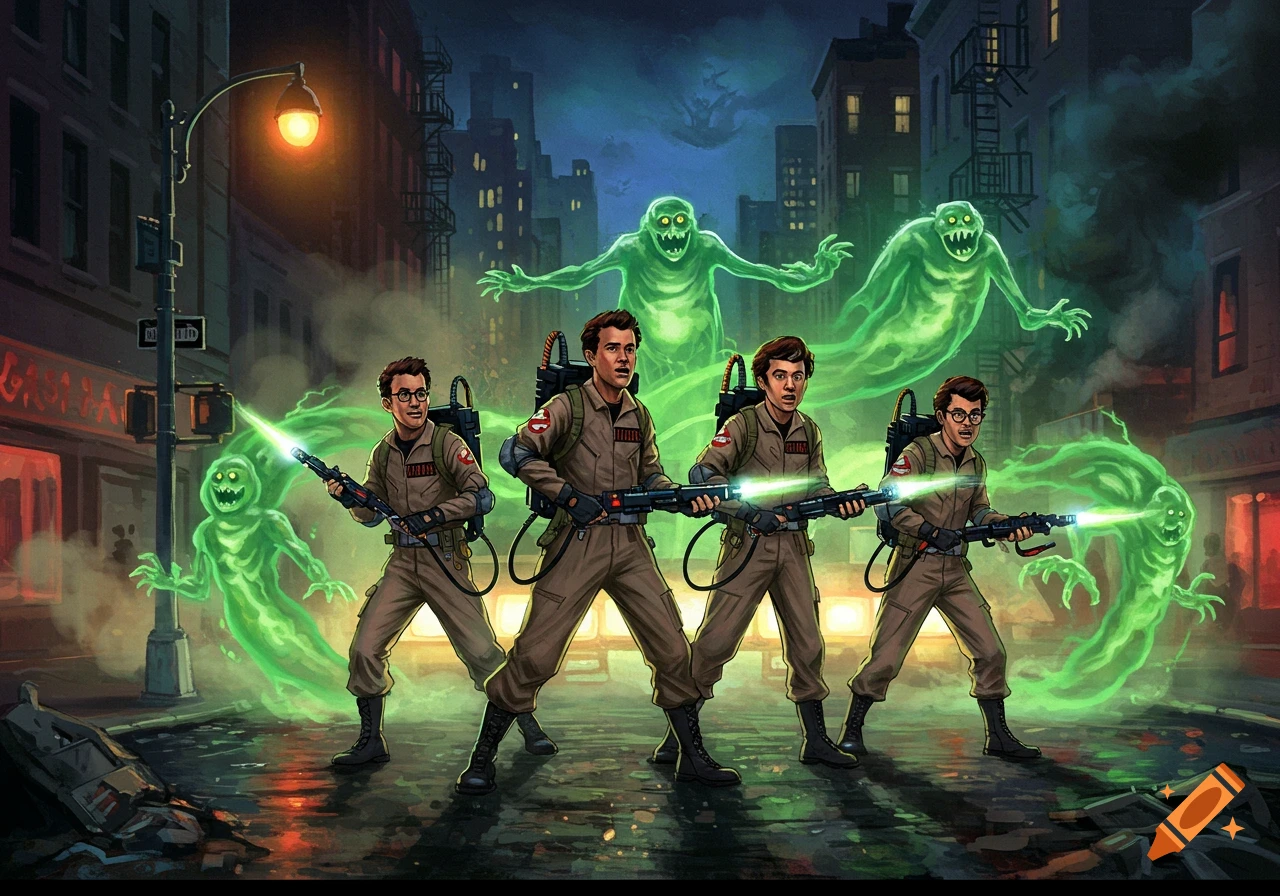 Four Ghostbusters in tan jumpsuits with proton packs blast green ghosts in a dark, stylized city street at night.