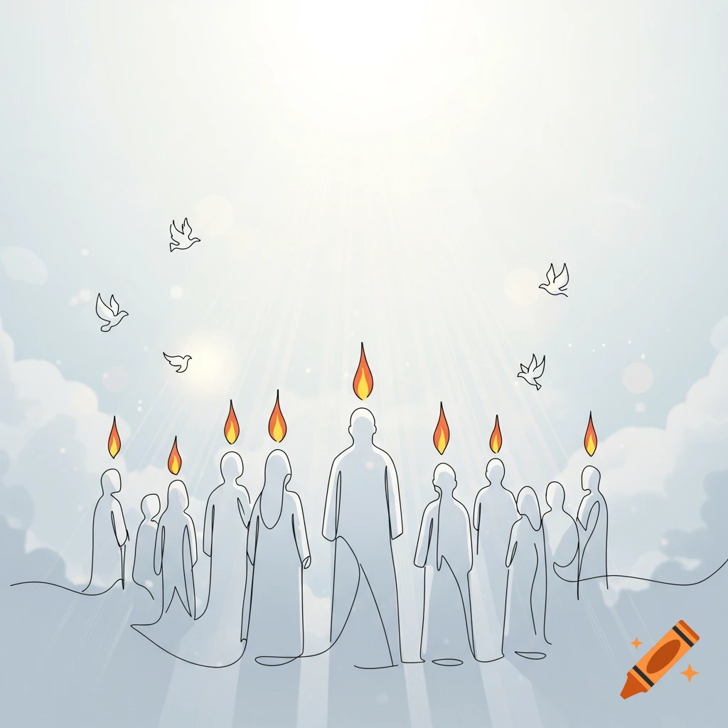 Continuous line art illustration of abstract figures with flames above their heads, doves flying, and light rays from above, in a spiritual setting.