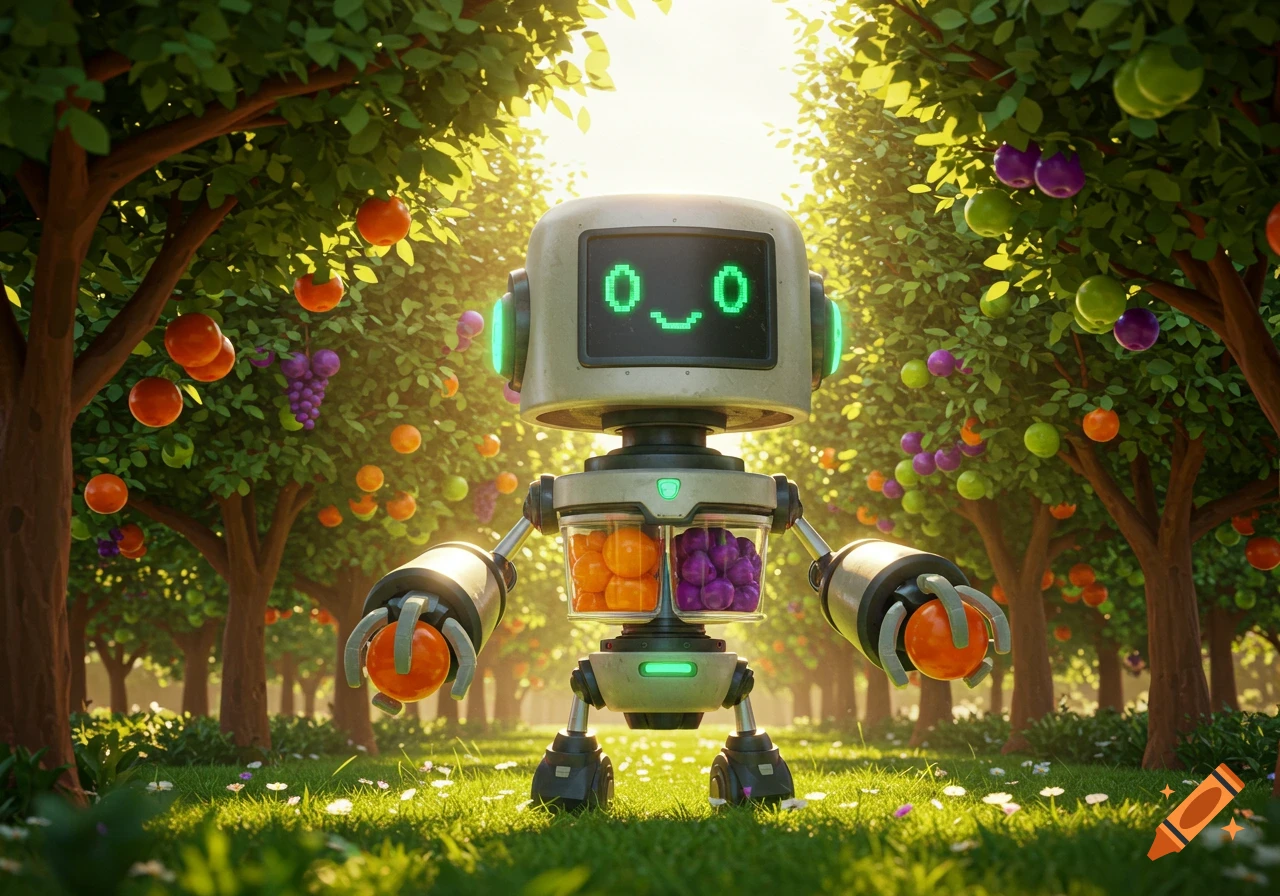 A cute juice bot with a pixelated happy face stands in a sunny orchard, holding an orange fruit. It has compartments filled with colorful fruits.