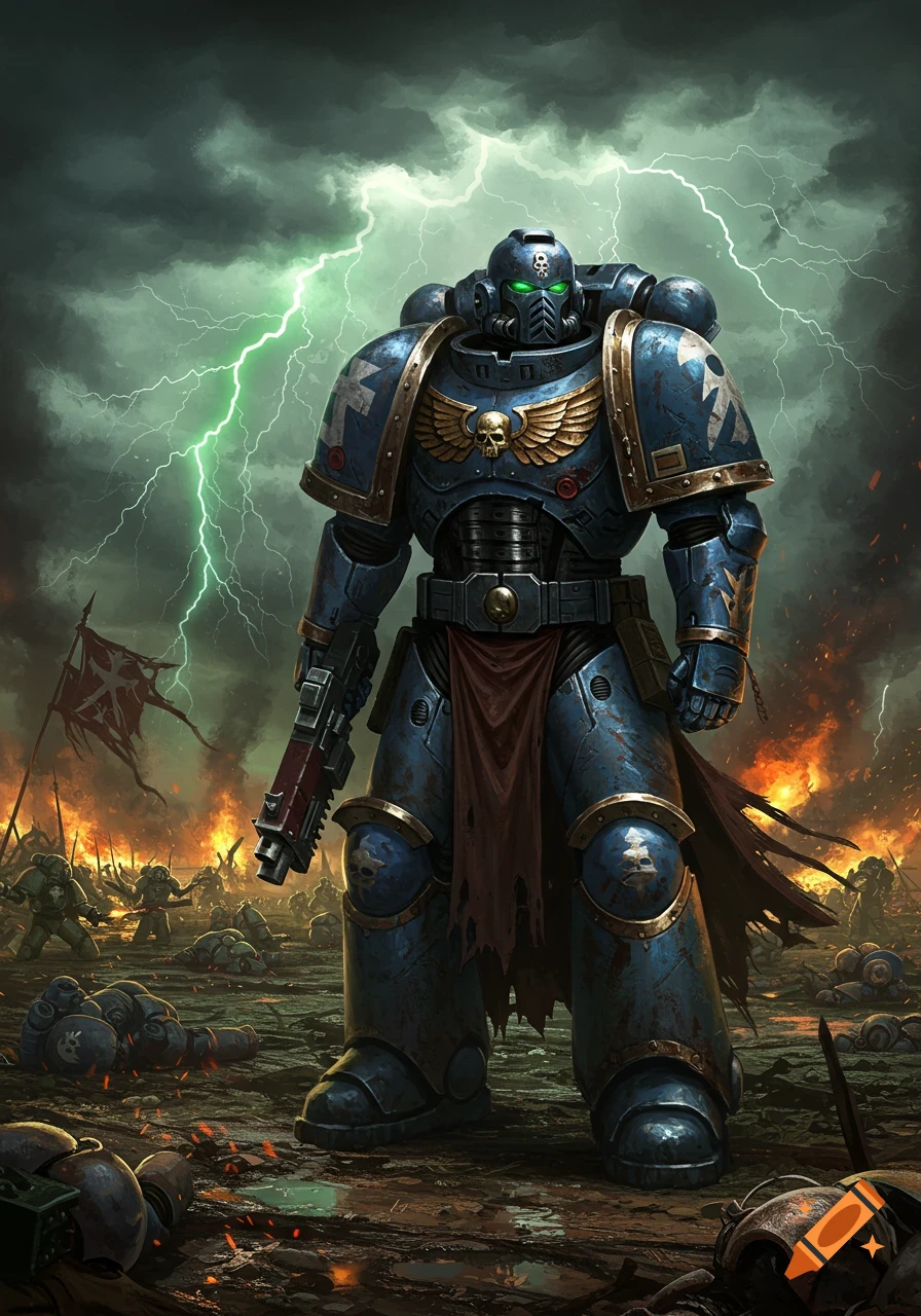 A heavily armored blue Space Marine warrior stands amidst a fiery battlefield under a stormy sky with green lightning.