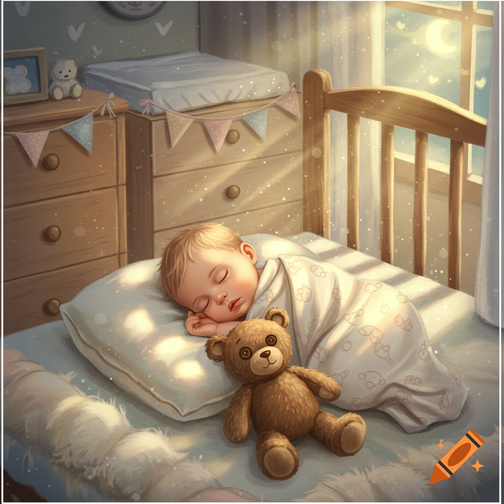 Cute light-skinned baby sleeping peacefully in a crib with a teddy bear beside it, soft sunlit illustration.