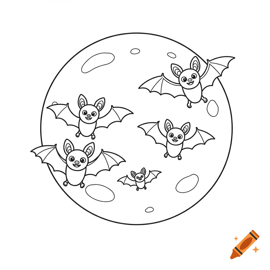 Line art cartoon of five happy bats flying in front of a full moon for a Halloween coloring page.