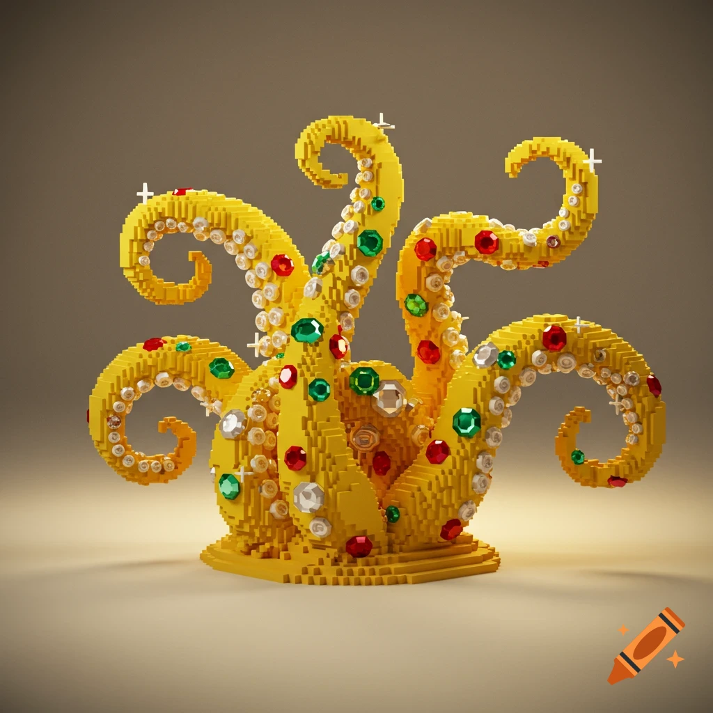 A 3D pixel art statue of golden tentacles covered in red, green, and white sparkling gemstones.