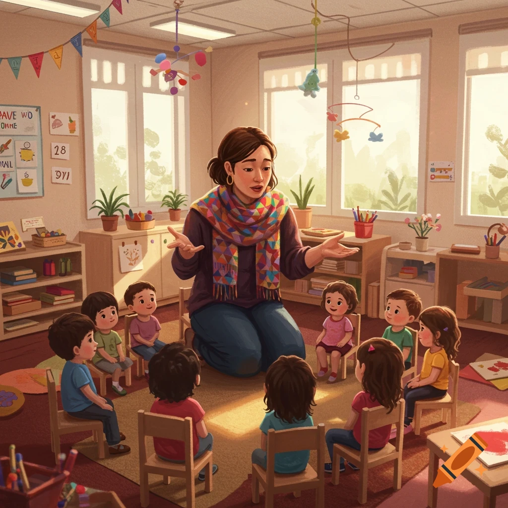 An illustrated scene of a female teacher kneeling among a group of young children sitting in a brightly lit classroom.