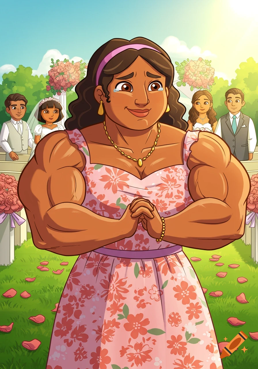 A cartoon of Dora's muscular mom crying with clasped hands at her daughter's outdoor wedding. Dora and a groom stand in the background.