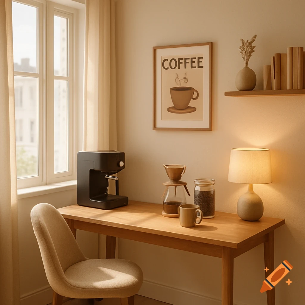 Cozy home workspace with coffee station on a wooden desk by a window, warm natural light.