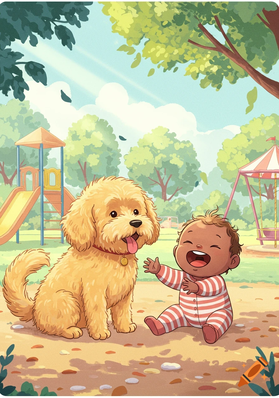 A fluffy golden dog sits next to a laughing baby in a sunny cartoon park with a playground.