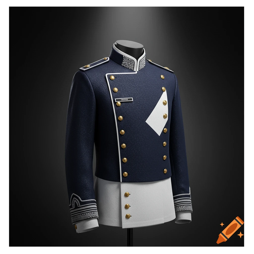 Photorealistic image of a navy blue and white ceremonial uniform with gold buttons and white embroidery on a mannequin.