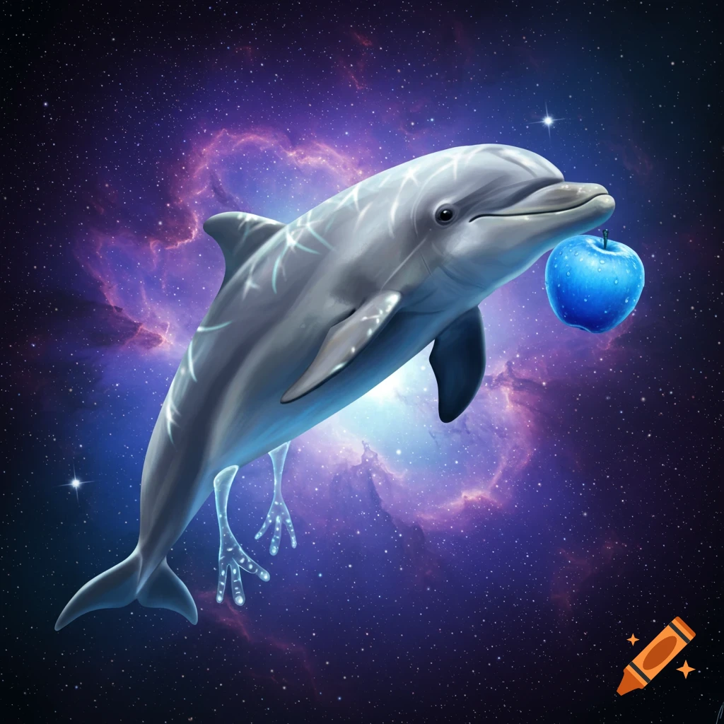 A fantasy dolphin with glowing feet holds a blue apple, swimming in a starry purple nebula.