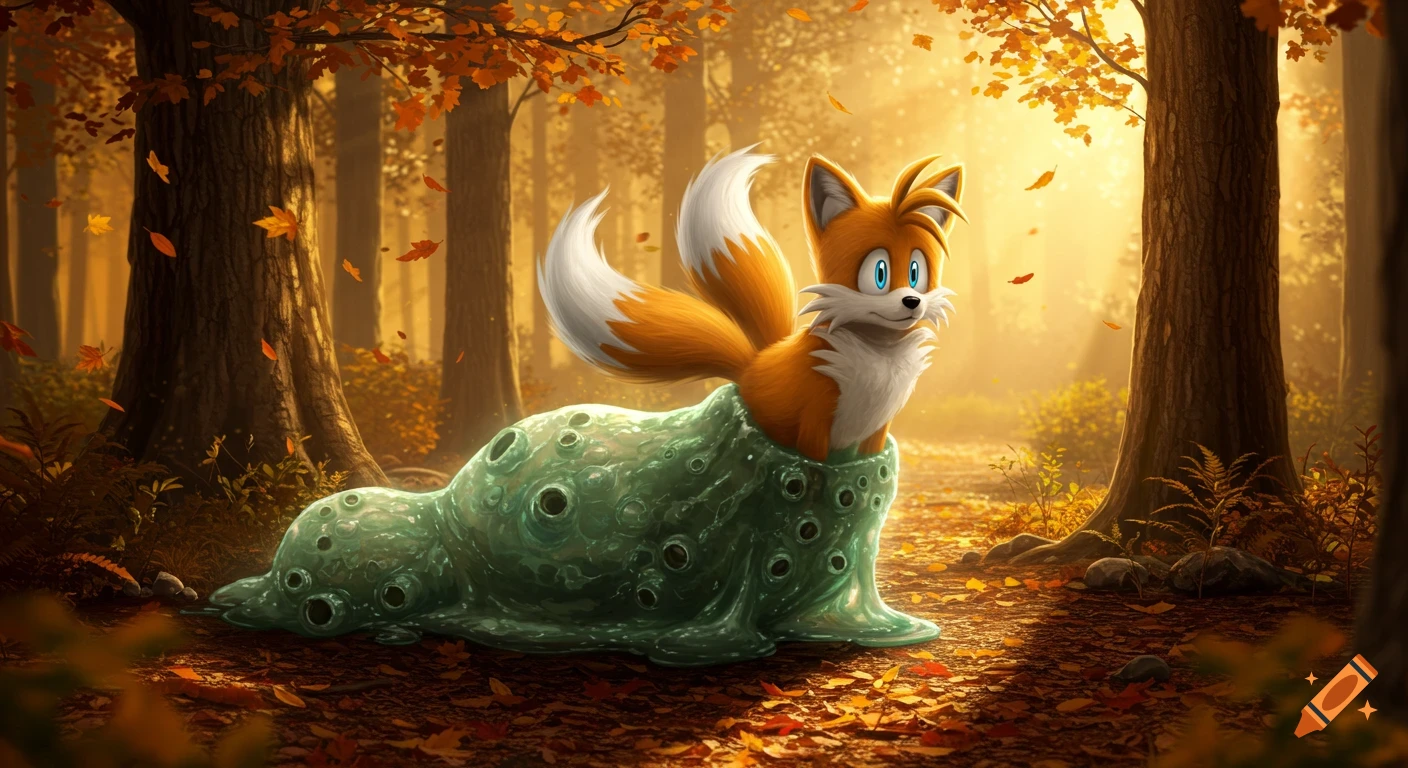 Tails the fox with a slimy green barnacle for a lower body, standing in a sunlit autumn forest, digital art.