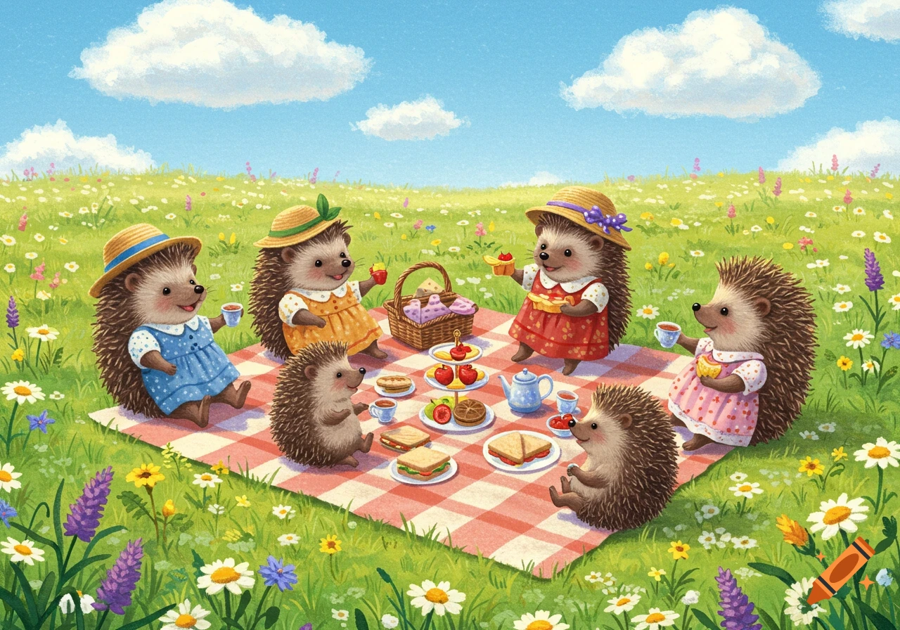 Cute hedgehogs in hats and dresses have a picnic on a checkered blanket in a flowery meadow under a blue sky, illustration.