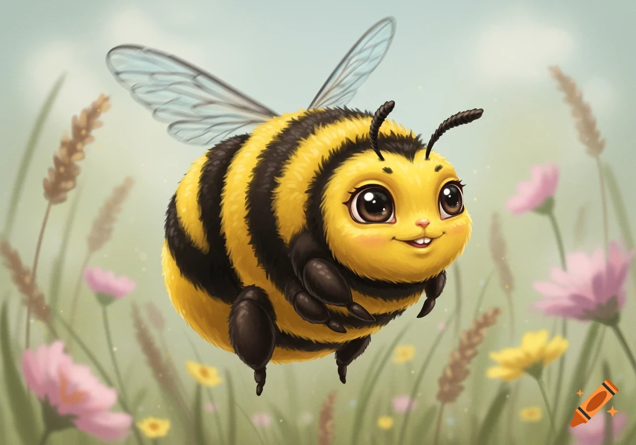 A cute, chubby, comic-style bumblebee with large eyes and a gentle smile, flying amidst soft-focus flowers in a meadow.