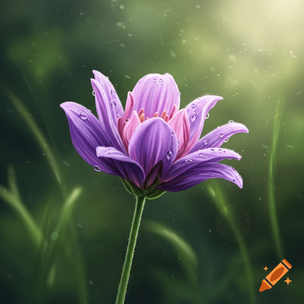 A vibrant purple flower with dew drops on its petals, set against a soft, green, sunlit background.