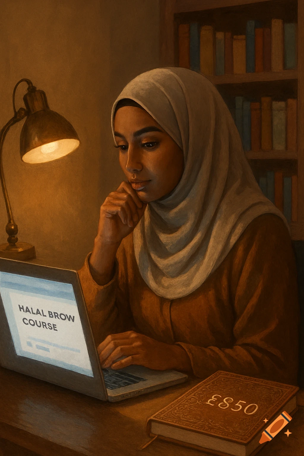 Illustrated hijabi woman intently viewing a laptop screen with 'HALAL BROW COURSE'. A book with '£850' is on the desk.