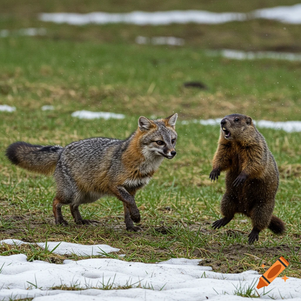 A photorealistic image of a gray fox approaching a startled groundhog standing upright with its mouth open on a grassy field with melting snow.