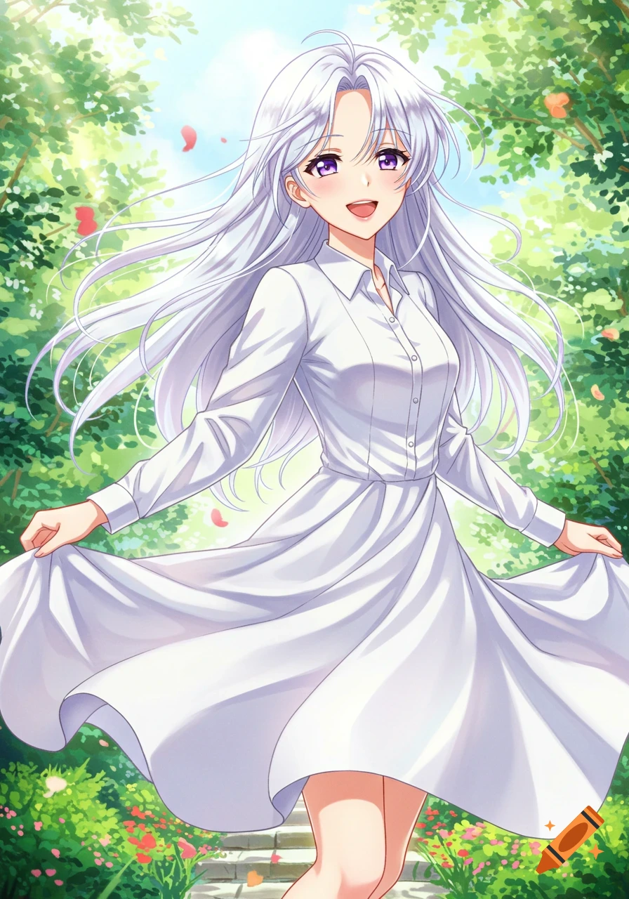 Anime woman with long white hair and purple eyes in a white dress, smiling and spinning in a lush green garden.