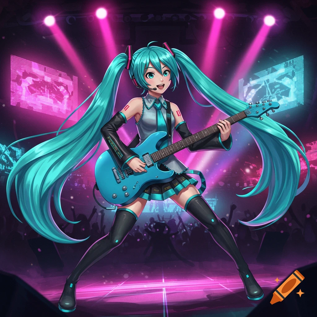 Hatsune Miku, an anime girl with long turquoise pigtails, plays a blue electric guitar on a brightly lit concert stage.