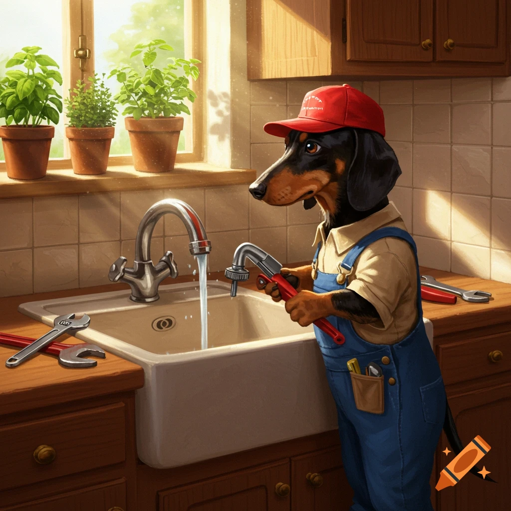A cartoon dachshund dog plumber in overalls and a red cap fixes a kitchen faucet while water runs, with wrenches on the counter and plants by the window.