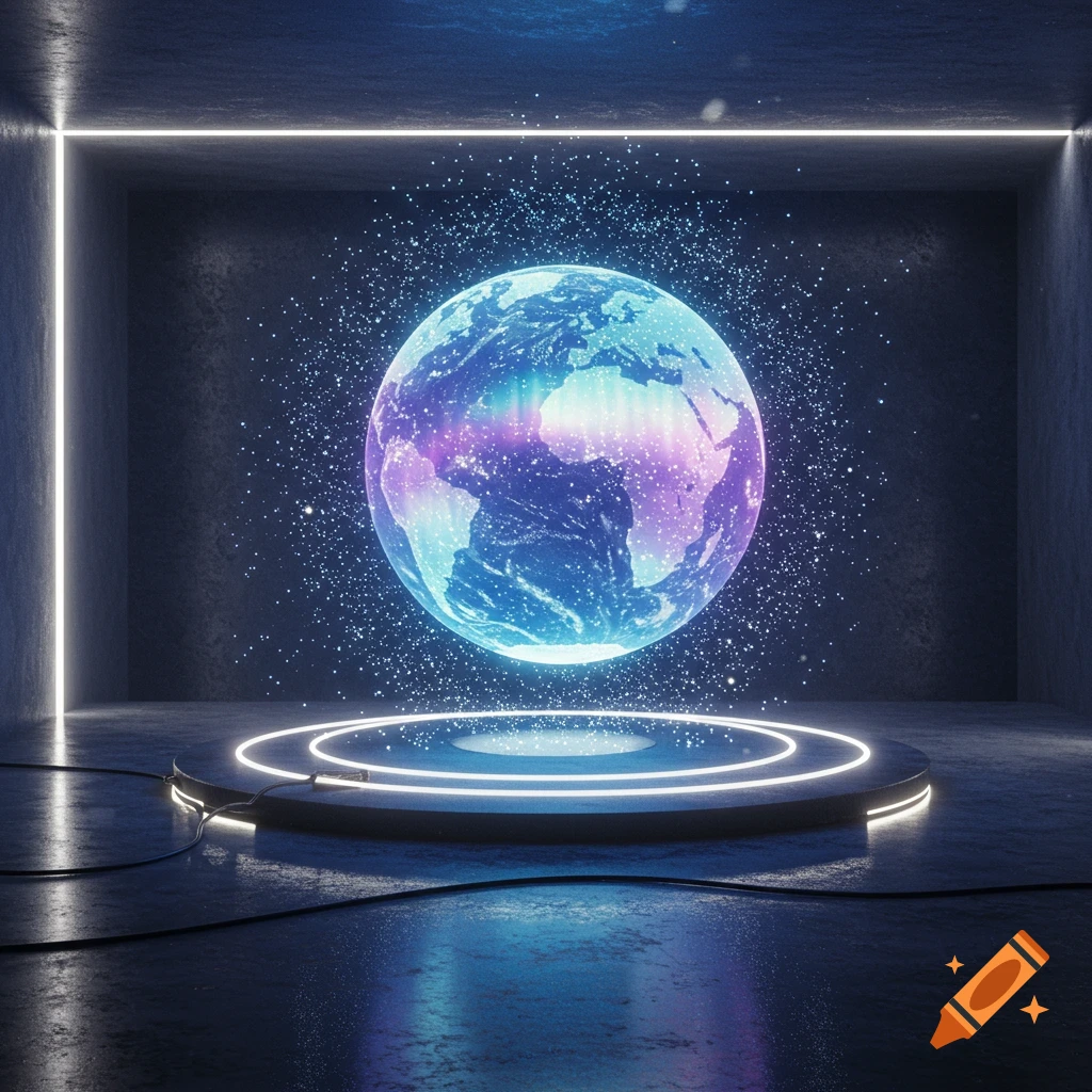 A vibrant, glowing holographic Earth globe floats above a neon-lit circular pedestal in a dark, futuristic room with sparkling particles.