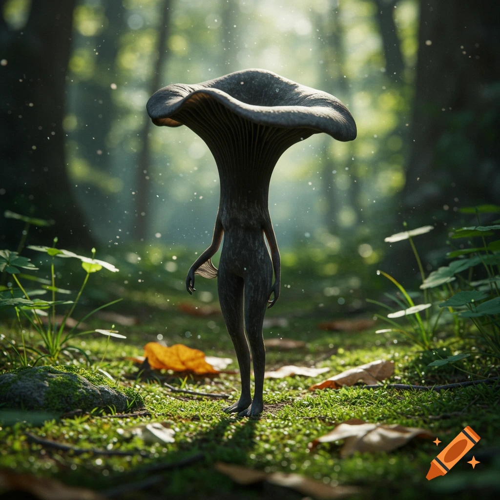 Photorealistic anthropomorphic Black Trumpet mushroom with human-like body standing in a sun-dappled forest.