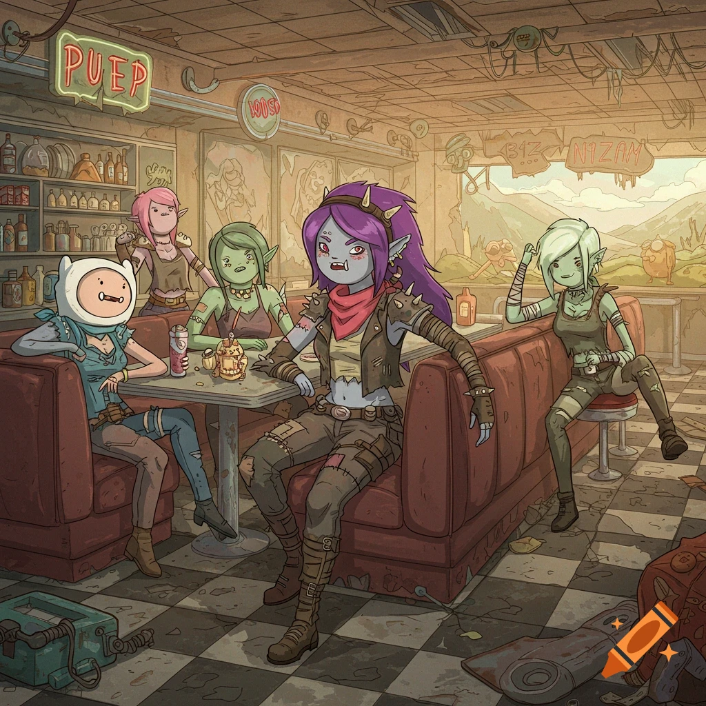 Adventure Time style raider girls hang out inside a derelict post-apocalyptic diner.