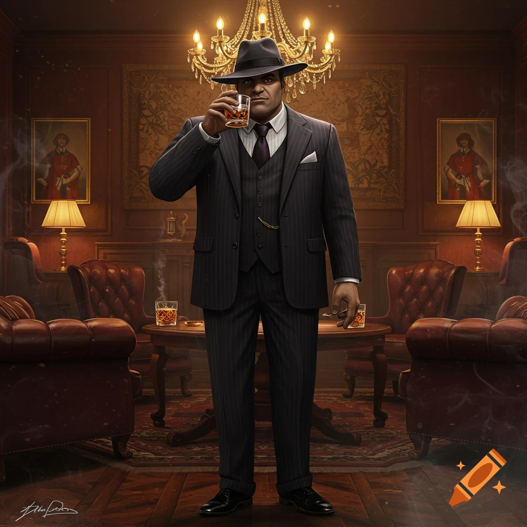 A serious mafia boss in a pinstripe suit and fedora holds whiskey in a lavish, dimly lit room with leather chairs and a chandelier.