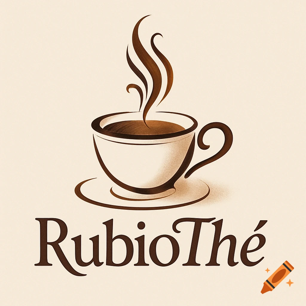 Logo for RubioThé, featuring a stylized coffee cup with steam above the name, on a cream background.