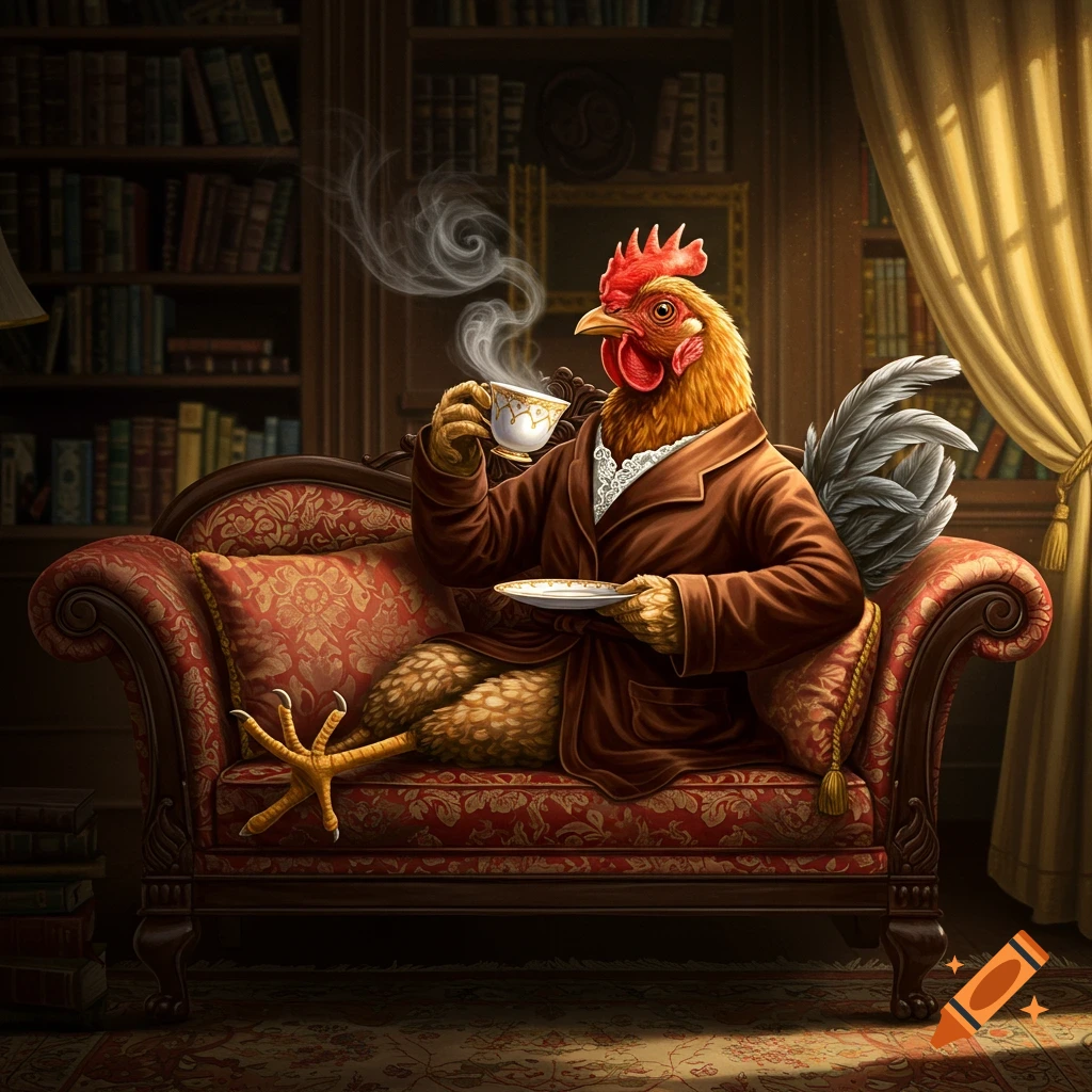 A dignified anthropomorphic chicken in a brown robe sits on a patterned red couch, sipping tea in a library.