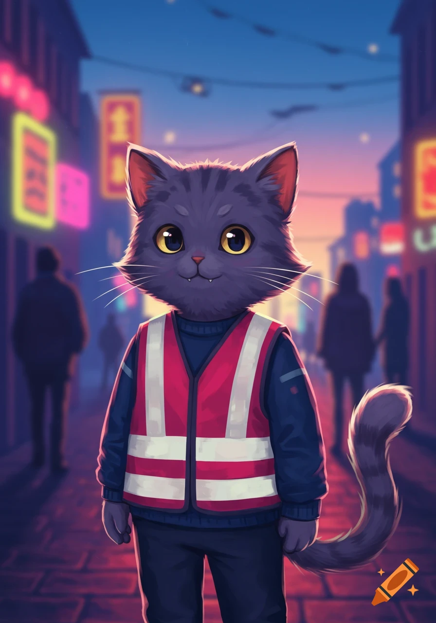 An anime-style cat boy with big yellow eyes and a bushy tail wears a red and white safety vest on a neon-lit city street.